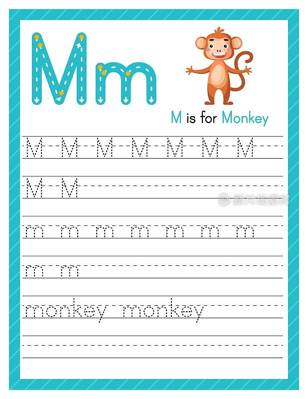 描迹字母M，大写和小写。字母追踪练习学前工作表，为孩子学习英语与可爱的卡通动物。幼稚园活动页面。矢量图