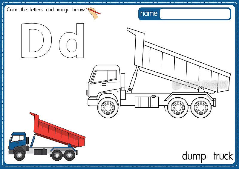 矢量插图的儿童字母着色书页与概述剪贴画，以颜色。字母D代表自卸卡车。