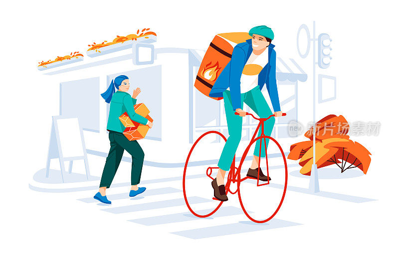 骑自行车的送货员给一个年轻的女人一些箱子，在老城区的街道上，有咖啡馆和商店的陈列柜。卡通平面矢量插图。在白色背景上隔离