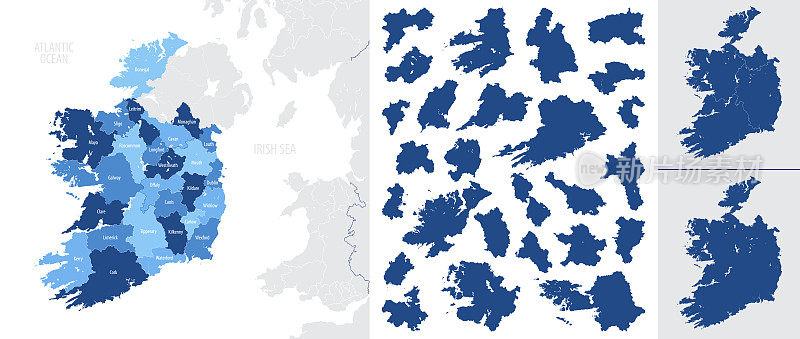详细，矢量，蓝色的爱尔兰和行政区划国家地图