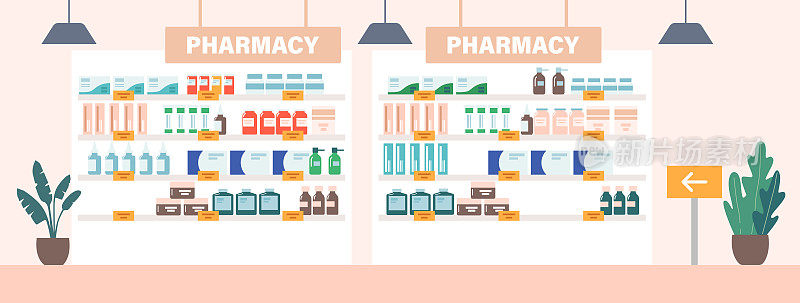 药房药房的货架，机架与药品零售产品，商店橱窗与药品药丸，补救办法和包装