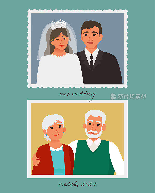 这是一本家庭相册中的两张照片，一张是一对年轻夫妇的结婚照，另一张是多年后一位老人的照片。时间流逝的概念。平面复古风格的矢量插图