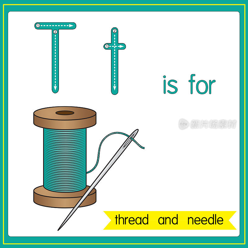 矢量插图学习字母为儿童与卡通形象。字母T代表线和针。