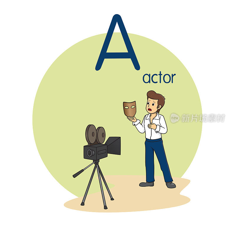 向量插图的演员与字母A大写或大写字母为儿童学习实践ABC