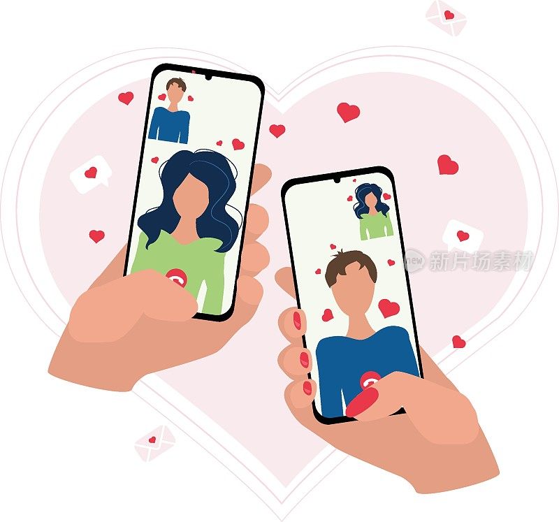在线约会。手拿着一个手机，在一个心的背景上有一对相爱的夫妇的视频通话