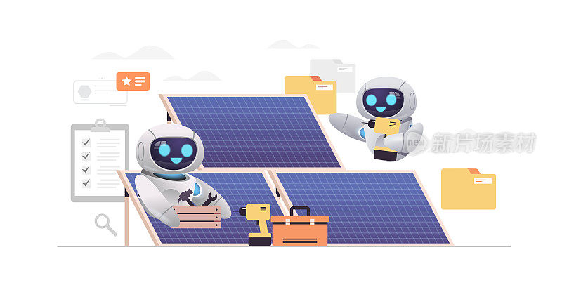 站在太阳能电池板附近的机器人站在机器人工程师检查替代能源和利用阳光发电