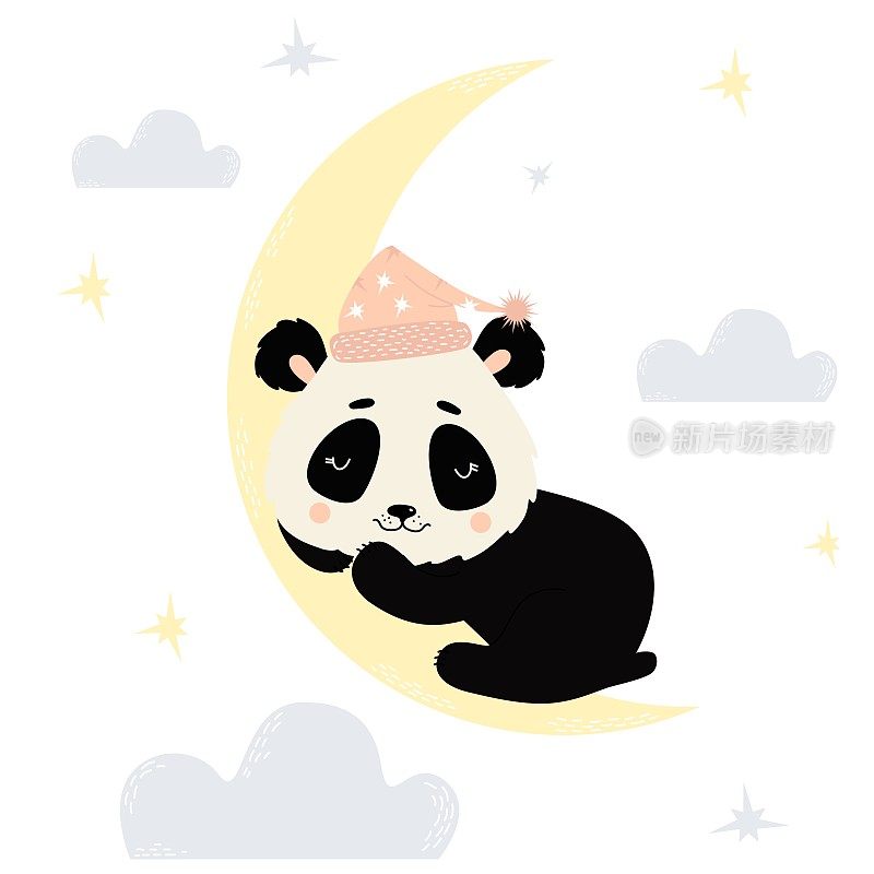 可爱的小熊猫戴着睡帽，甜甜地睡在月亮上，白色的背景上有云。矢量插图。可爱的动物在斯堪的纳维亚风格的托儿所和海报，设计，装饰和印刷