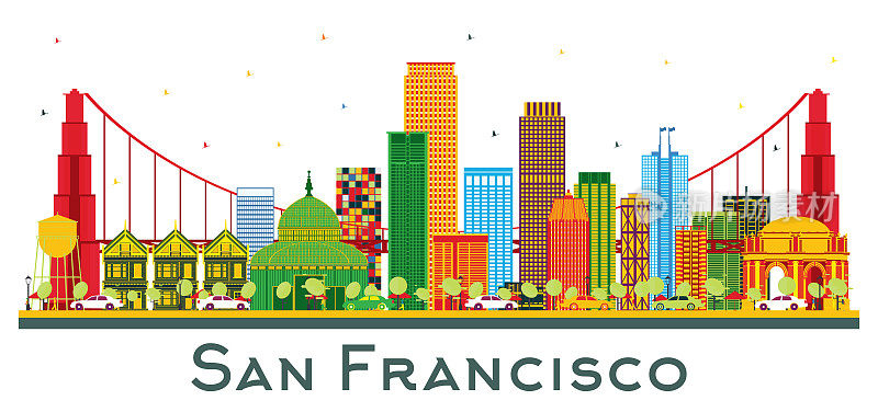美国旧金山城市天际线与彩色建筑孤立在白色。