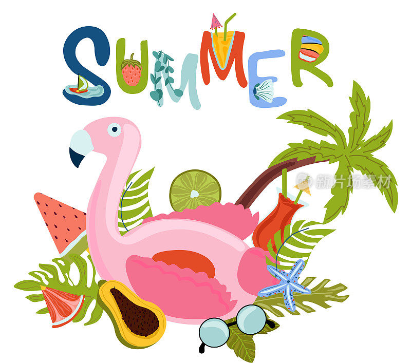 套装可爱元素，充气火烈鸟玩具，热带棕榈，木瓜，贝壳等。夏天的作文适合明信片，剪贴簿，海滩派对。夏天刻字。向量。