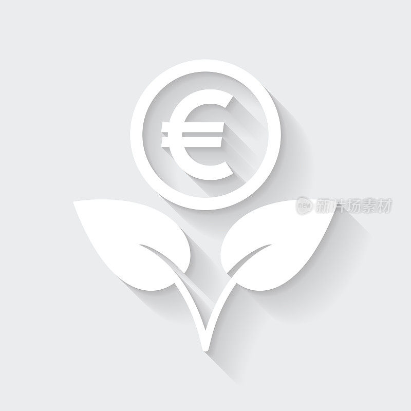 日益增长的欧元。图标与空白背景上的长阴影-平面设计