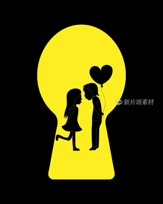 从钥匙孔看。一个女孩和一个男孩的剪影。即将到来的吻。浪漫的夫妇。那个人给了一个心形的气球。矢量插图。