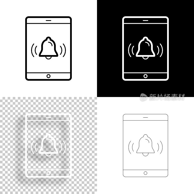 带铃声的平板电脑-通知。图标设计。空白，白色和黑色背景-线图标