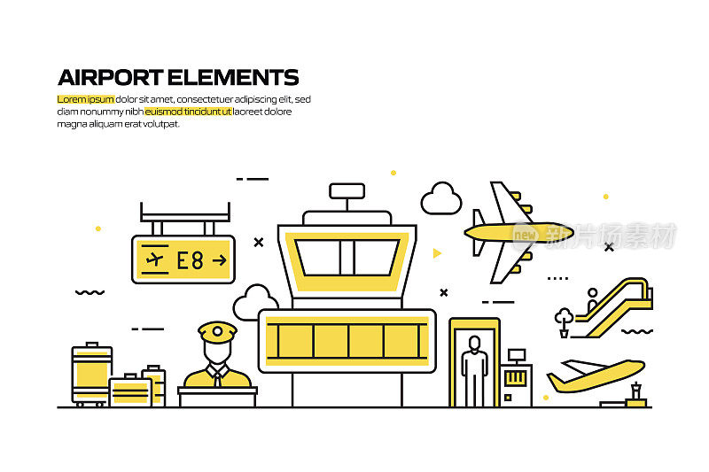 机场元素概念，线风格矢量插图