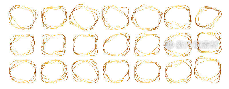 黄金线框架或黄金轮廓边界矢量插图设置孤立在白色。优雅的线性圆形边界。照广场的元素。摘要椭圆模板用于婚礼设计，装饰框架