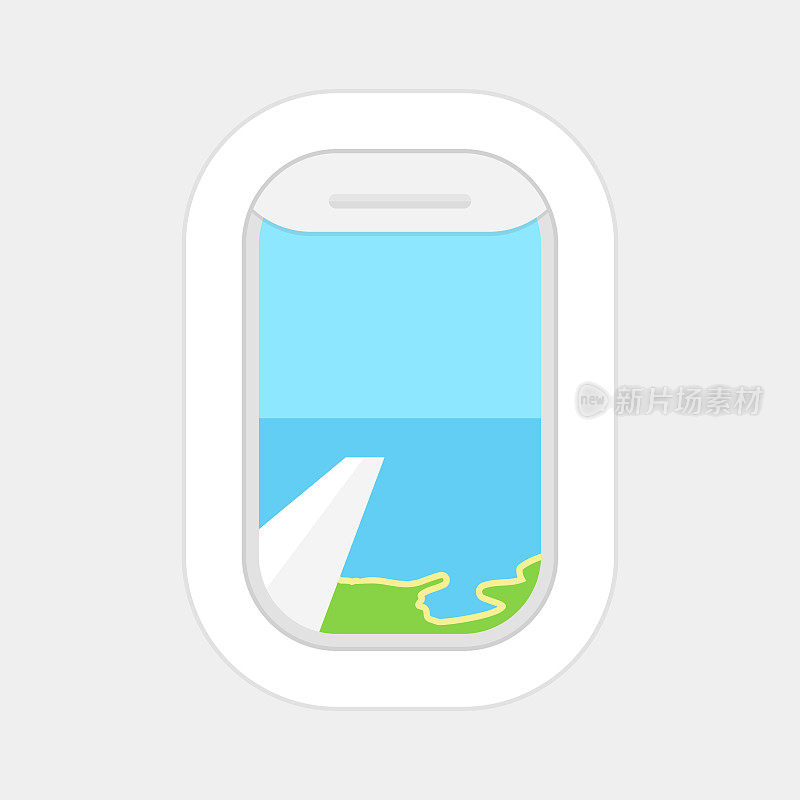 飞机，飞机窗外有多云蓝天。旅游或旅游概念。矢量插图。