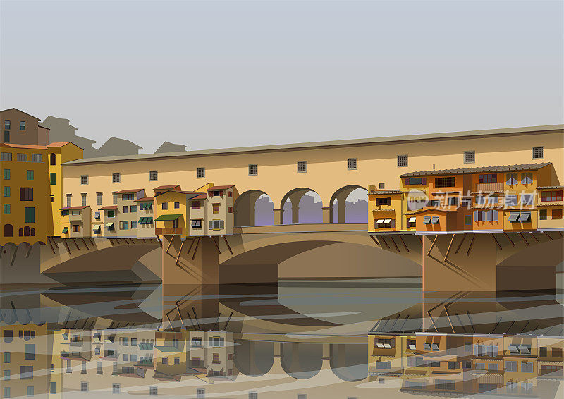 佛罗伦萨桥，亚诺河上的维奇奥桥。向量。