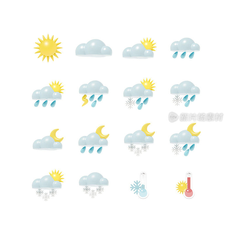 矢量3D现实图标设置的天气预报。渲染带有气象学标志的插图。三维立体的太阳、云、雨、雪和温度计
