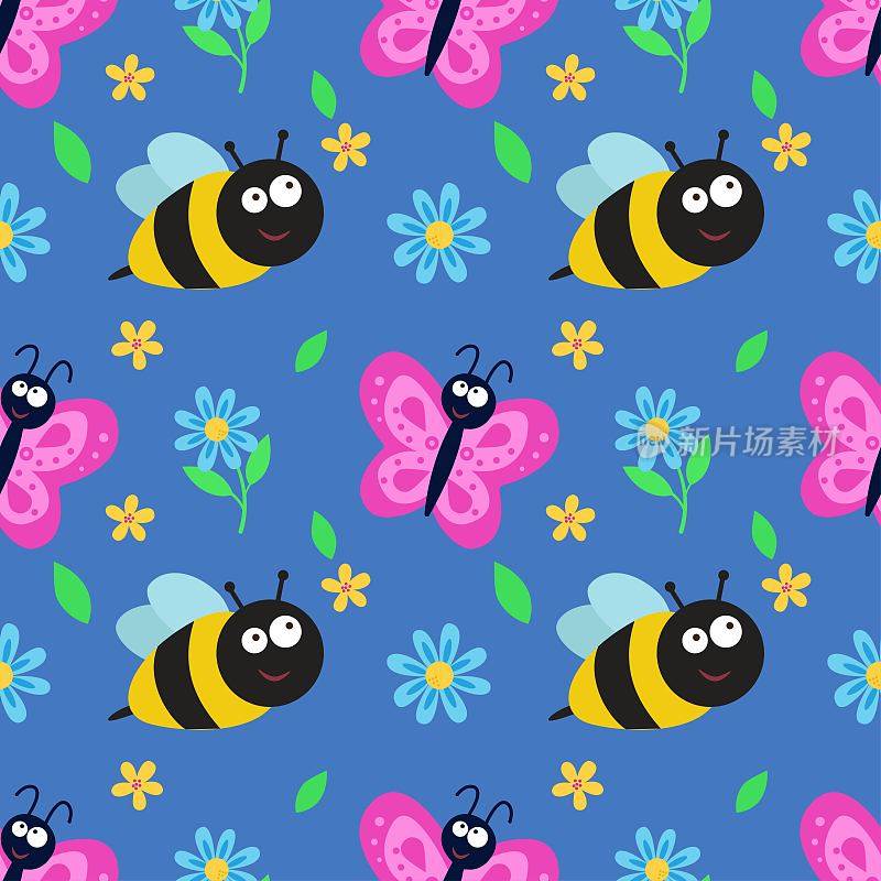 蝴蝶、蜜蜂和花朵的无缝图案。重复矢量模式与昆虫。一个假日邀请的想法，儿童的创造力，为纸张，织物，纺织品，礼品包装，广告。