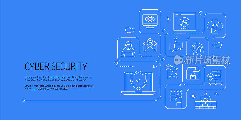 网络安全相关矢量横幅设计概念，现代线条风格与图标