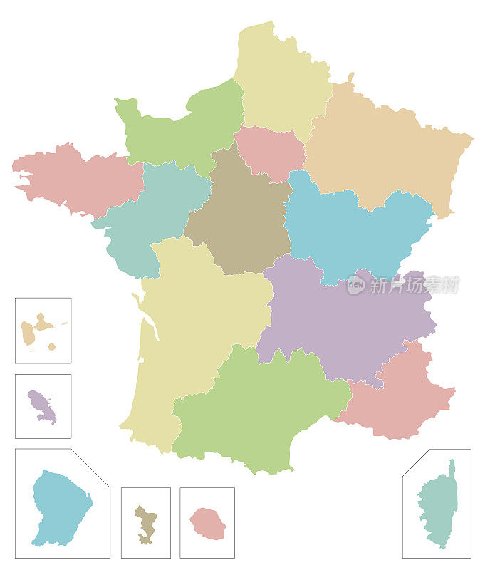 带有区域、领土和行政区划的法国矢量空白地图。可编辑和明确标记层。