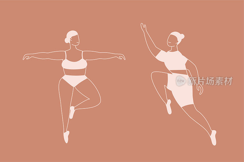 女人的姿势。涂鸦女性角色米色，积极的姿势的女孩，运动优雅的女士穿着运动制服跳舞和跳跃，健身或芭蕾舞姿势，矢量集