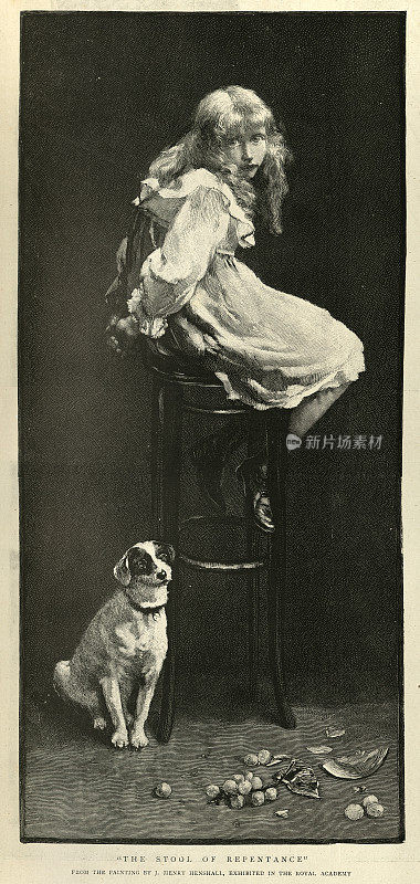 狗坐在女孩坐在悔罪的凳子上，后由J亨利・亨舍尔画，19世纪90年代