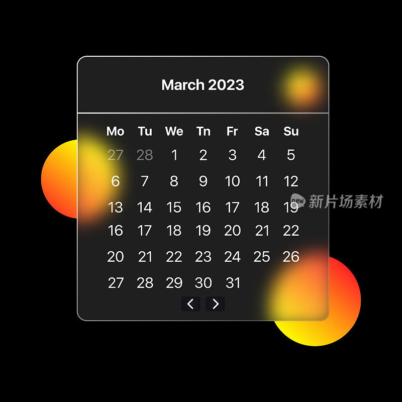 2023年3月日历行图标。时间管理，电子的，数字的，提醒，通知，时间表，约会，事件。计划的概念。Glassmorphism风格。矢量线图标的业务