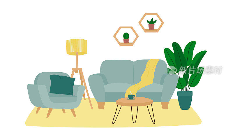 客厅室内设计，沙发、扶手椅、桌子、落地灯、室内植物。