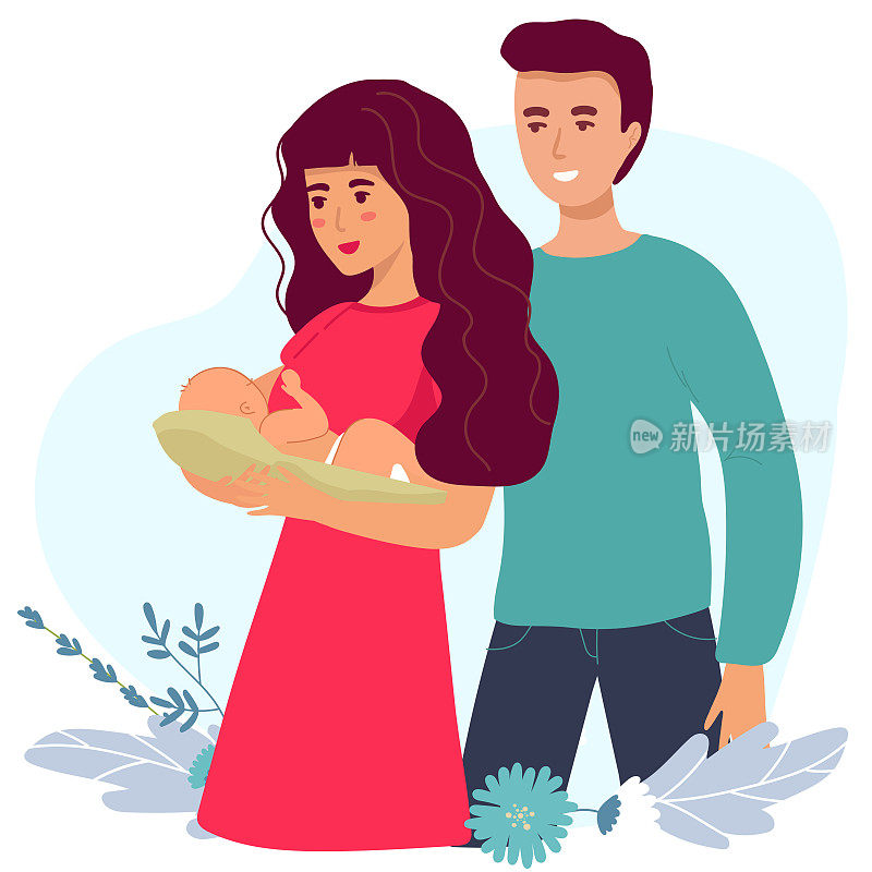 一组关于怀孕和母亲的插图。有肚子的孕妇和爸爸在一起。抱着新生儿的女士。平面股票矢量插图。