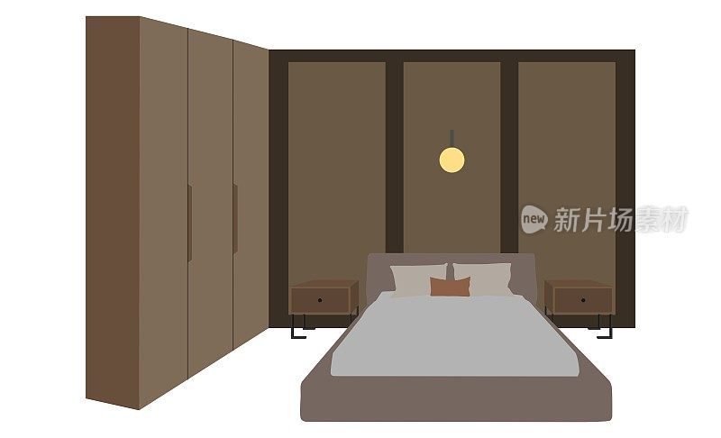 卧室里有棕色调的衣柜和一张双人床，矢量插画
