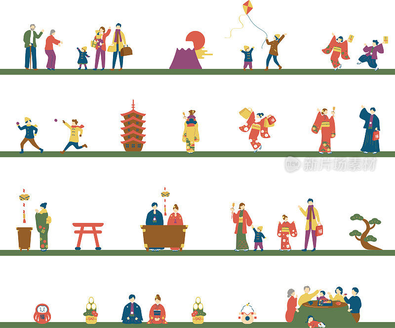 日本新年和服人的布景插图