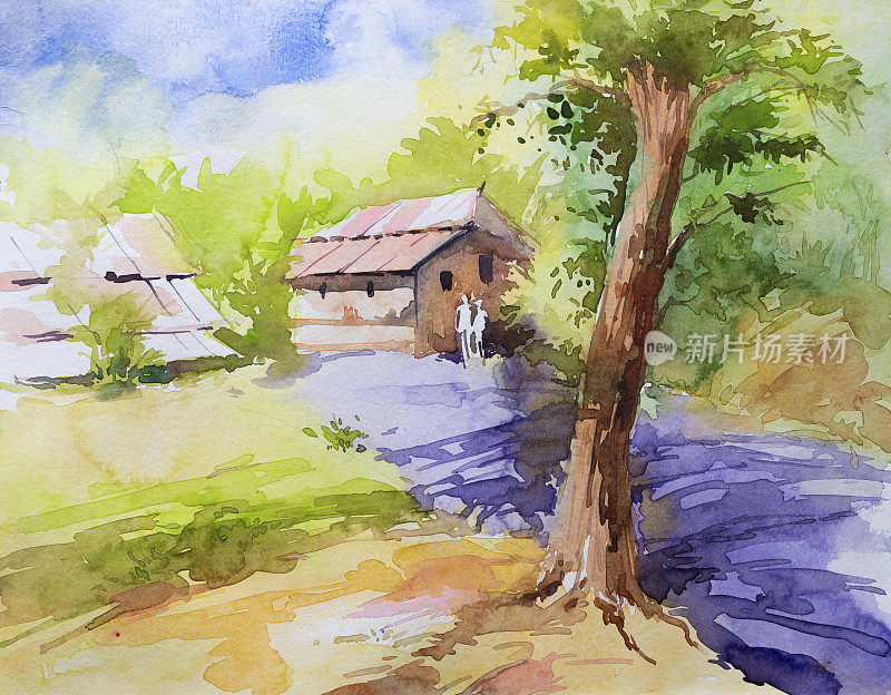美丽的自然水彩插图孟加拉乡村的树，房子和乡村道路。用刷子和颜料手绘。