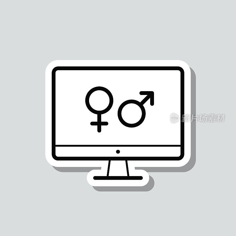 带有性别符号的台式电脑。图标贴纸在灰色背景