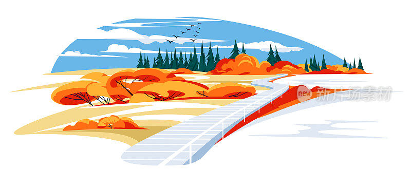 码头就像安静的山间湖上的道路。地平线上，秋天和针叶树。旅游休闲度假概念，矢量平面插画