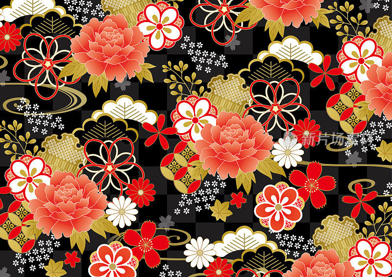 红色花朵日本和服图案在黑色背景