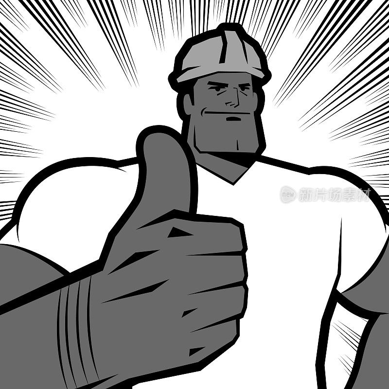 一个戴着工作头盔的强有力的蓝领工人竖起大拇指，漫画特效线背景，黑白视觉