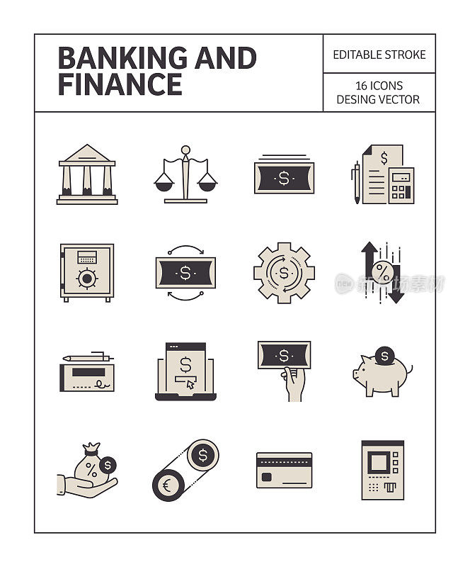 银行和金融图标集简单的外观和丰富多彩的设计。