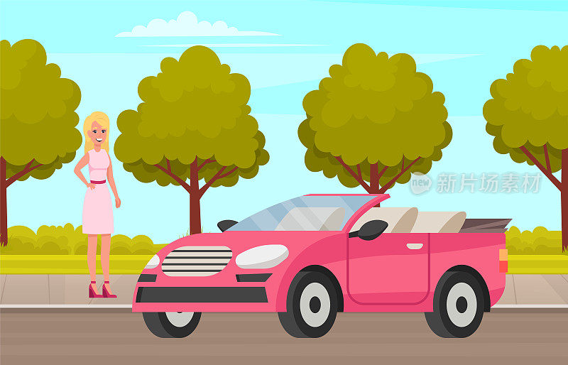 漂亮的女孩，漂亮的头发，穿着裙子站在粉红色的汽车旁边。金发女人开车