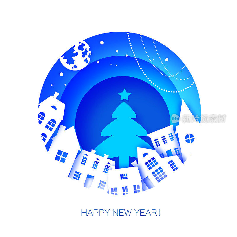 冬天下雪的圣诞节。带房子的城乡景观。城村月圆。拜年纸艺术工艺风格。圈框架。蓝色的。