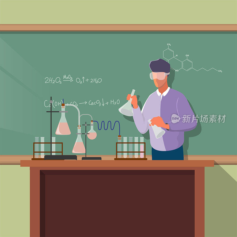 老师戴着眼镜在教室里做化学实验。向量。化学课
