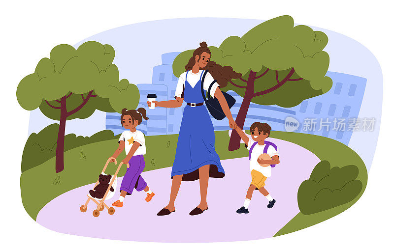 母亲，护士，保姆带孩子在厨房里散步。日托,保姆。妈妈和孩子们在公园里散步。平面向量插图。