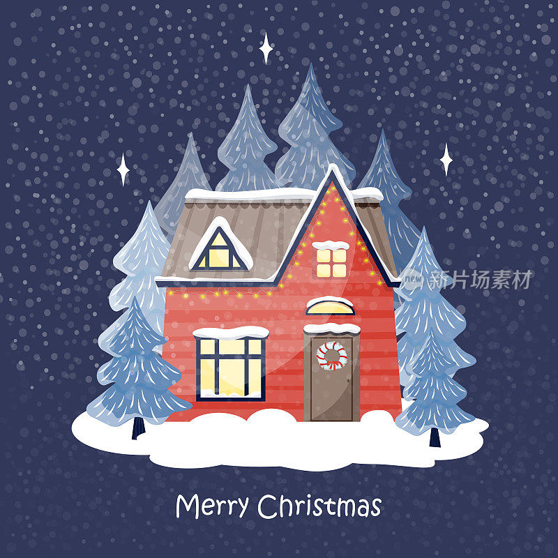 在云杉林里的新年风格的舒适冬季房子。新年假期的圣诞贺卡。矢量平面插图的冬季海报与铭文