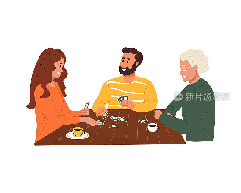 幸福的一家人打牌游戏，坐在一起吃饭
