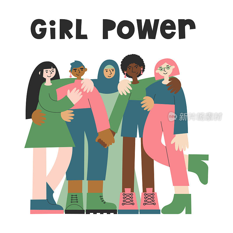 五个不同种族和宗教信仰的女人在一起拥抱。女孩的力量，多元化，包容，平等和权利的概念。国际妇女节平面矢量插图和刻字套装。