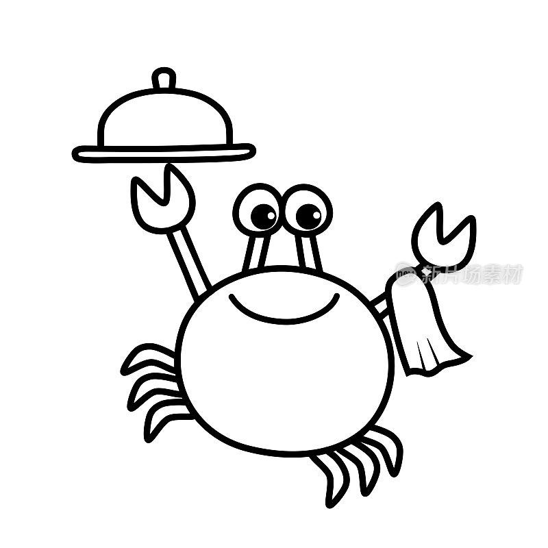 服务员。欢快的螃蟹上菜。微笑海人物轮廓与托盘和毛巾。涂鸦。