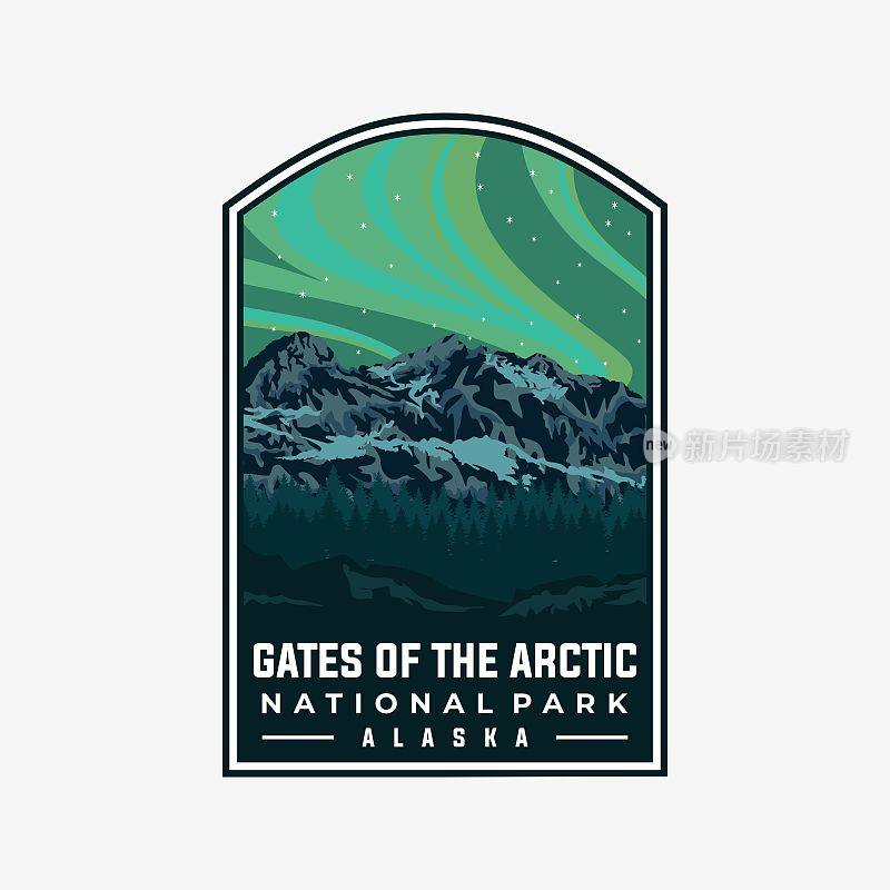 北极大门国家公园矢量模板。阿拉斯加地标插图补丁徽章风格。