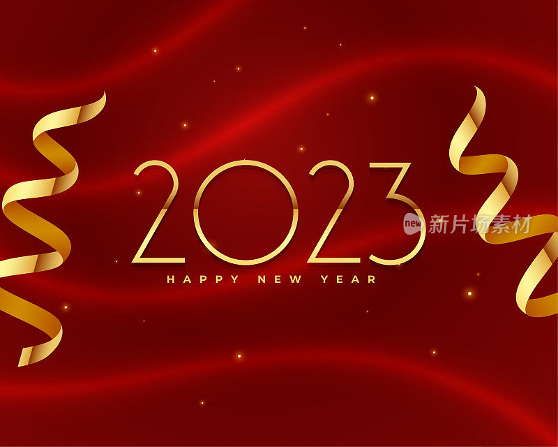 新年快乐红色背景与2023文字效果和丝带设计
