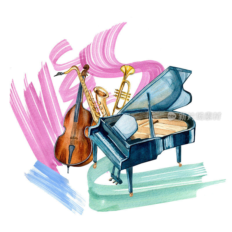 三角钢琴、萨克斯管、低音提琴与画笔乐器水彩插图隔离。