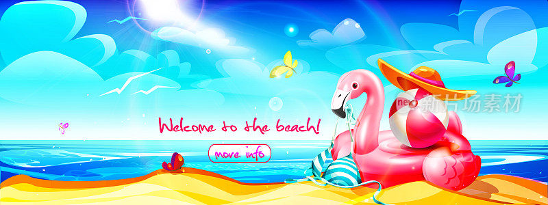 卡通风格的海滩度假概念。一只粉红色的充气火烈鸟，带着一个球，一件比基尼和一顶帽子，站在海边的沙滩上，背景是夏日阳光明媚的热带景观。