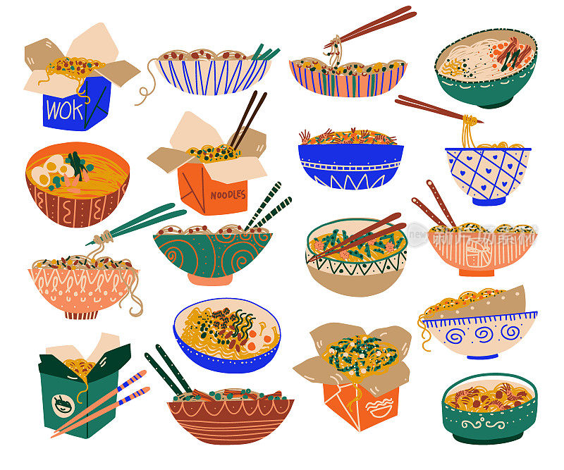 炒面套餐。拿走盒子和碗与各种食材和筷子卡通矢量插图